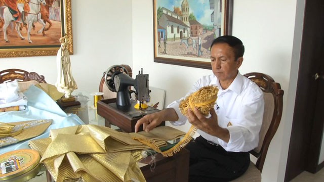Luis Delgado, a tailor in Cali, Colombia, is embroidering some of the garments that the new pope will wear.