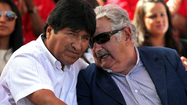 PHOTO: In this photo from Jan. 10, 2013 Bolivian president Evo Morales chats with Pepe Mujica president of Uruguay. Since he became Bolivia´s president in 2006 Morales has championed the decriminalization of the coca leaf.