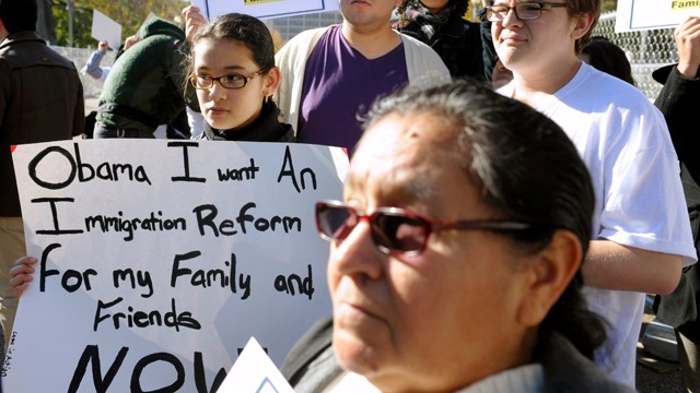PHOTO:&nbsp;Diana Saravia, 10, of Beltsville, Md., left, demonstrates along with members of immigration rights organizations in front of the White House as they call on President Barack Obama to fulfill his promise of passing comprehensive immigration reform.