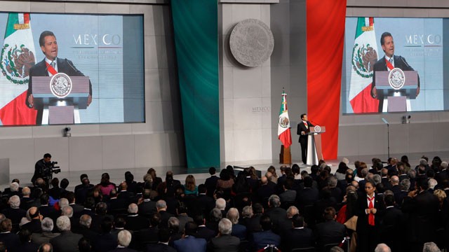 PHOTO: Mexico's newly sworn-in President Enrique Pena Nieto delivers his inaugural speech at the National Palace in Mexico City, Saturday, Dec. 1, 2012.