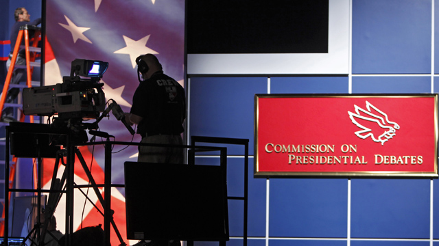 PHOTO: A tv camera man works during a rehearsal at the Magness Arena at the University of Denver, Tuesday, Oct. 2, 2012, where the first presidential debate between Obama and Republican presidential candidate Romney is scheduled for Oct. 3.