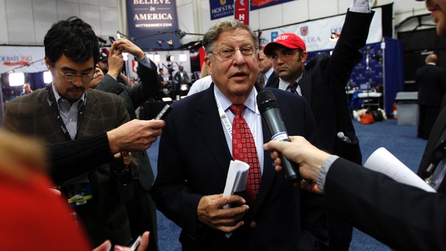 PHOTO: Former New Hampshire Gov. John Sununu speaks to reporters in the spin room on behalf of Mitt Romney after the second presidential debate at Hofstra University, Tuesday, Oct. 16, 2012 Hempstead, N.Y.