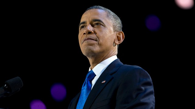 PHOTO: President Barack Obama pauses as he speaks at the election night party at McCormick Place, Wednesday, Nov. 7, 2012, in Chicago. Obama defeated Republican challenger former Massachusetts Gov. Mitt Romney.