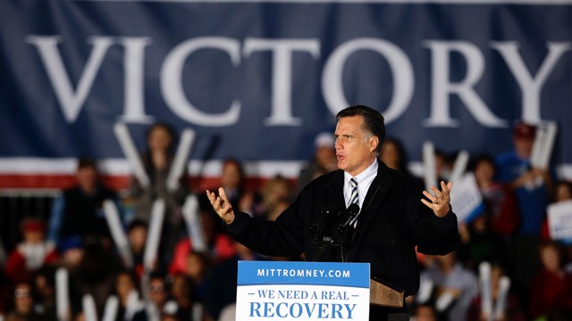 PHOTO: Republican presidential candidate, former Massachusetts Gov. Mitt Romney speaks during a campaign event at Ida Lee Park Wednesday, Oct. 17, 2012, in Leesburg, Va.