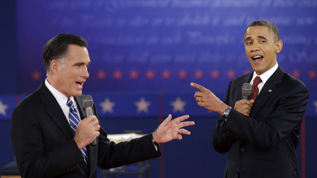PHOTO: President Barack Obama and Republican presidential candidate, former Massachusetts Gov. Mitt Romney exchange views during the second presidential debate at Hofstra University in Hempstead, N.Y.