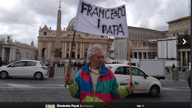 PHOTO: A man holds a sign in the Vatican on March 11th. Two days later the name of the new Pope was revealed and this man was right!