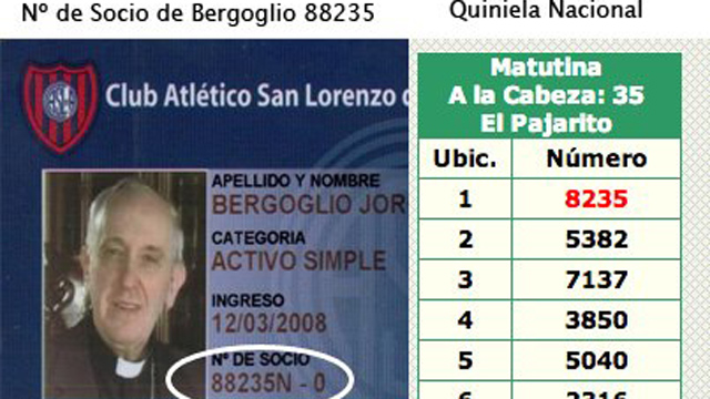 PHOTO: The winning number of Quiniela Argentina on March 13th is the same number as Bergoglio's soccer team card member number.