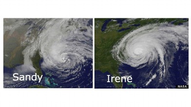 PHOTO: As Sandy approached the East Coast, this  satellite image comparing the storm with 2011 hurricane Irene showed the potential threat Sandy was to all states in its path.