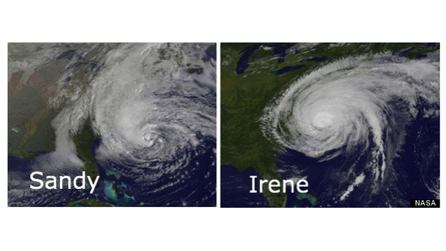 PHOTO: As Sandy approached the East Coast, this satellite image comparing the storm with 2011 hurricane Irene showed the potential threat Sandy was to all states in its path.