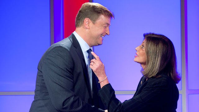 PHOTO: In this Oct. 11, 2012, file photo, Nevada Sen. Dean Heller, left, shakes hands with challenger Shelley Berkley, D-Nev. after a televised debate in Las Vegas.