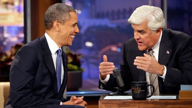 PHOTO: President Barack Obama talks with Jay Leno during the taping of his appearance on NBC?s The Tonight Show with Jay Leno, Wednesday, Oct. 24, 2012, in Burbank, Calif.