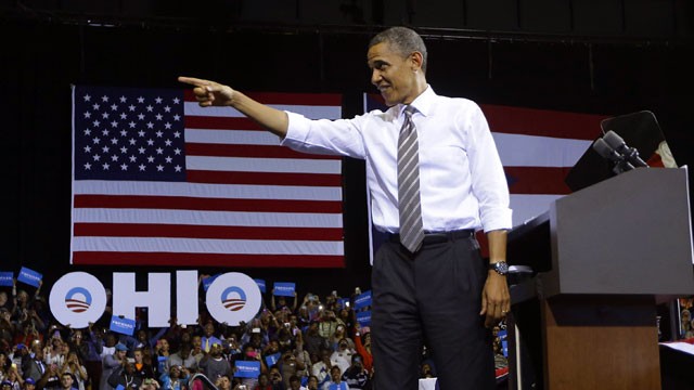 PHOTO:&nbsp;FILE -In this Sept. 26, 2012 file photo, President Barack Obama points to supporters before speaking at Kent State University in Kent, Ohio.