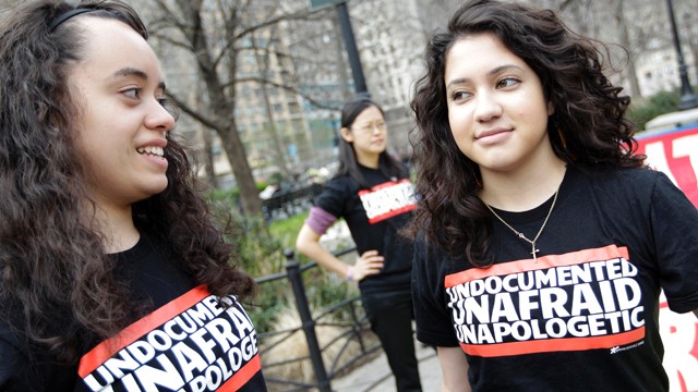 PHOTO:&nbsp;Angy Rivera, left, and Melissa Garcia Velez participate in an immigrant rights rally in New York.