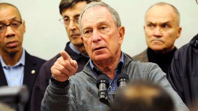 PHOTO: Mayor Michael Bloomberg speaks to the media at Seward Park High School on the lower east side, the site of one of many public shelters set up in preparation of the storm, Sunday, Oct. 28, 2012, in New York.