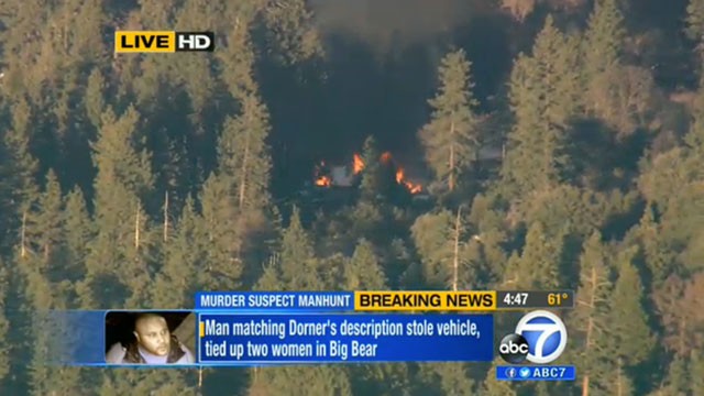 PHOTO: This Feb. 12, 2013 image made from video provided by KABC-TV shows the cabin in Big Bear, Calif. where ex-Los Angeles police officer Christopher Dorner, believed to be barricaded inside. A body pulled from the ruins was later identified as Dorner.