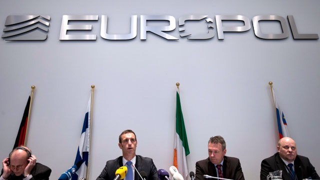 PHOTO: Britain's Rob Wainwright, second from left, director of the European police agency Europol, elaborates on findings of a probe into match fixing during a press conference in The Hague, Netherlands, Monday Feb. 4, 2013.