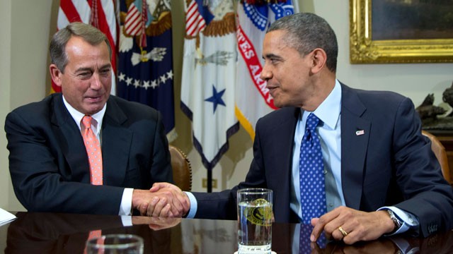 PHOTO: This Nov. 16, 2012 file photo shows President Barack Obama shaking hands with House Speaker John Boehner of Ohio in the Roosevelt Room of the White House in Washington, during a meeting to discuss the deficit and economy.
