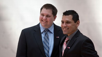 PHOTO: Jason Kirchick, left, and Christian Pinillos, of Vermont, are photographed on Capitol Hill in Washington, Wednesday, April 24, 2013, as they take a break from lobbying.