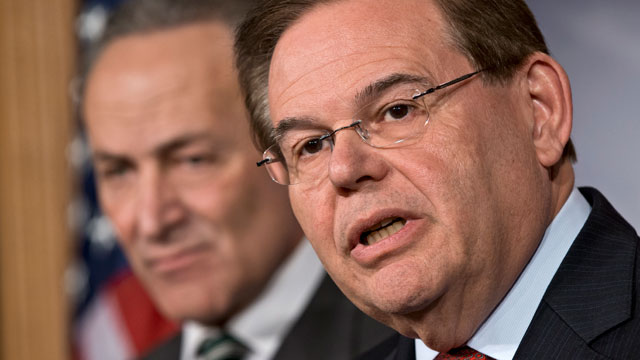 PHOTO: Sen. Robert Menendez, D-N.J., right, and Sen. Charles Schumer, D-N.Y., left, join a bipartisan group of leading senators to announce principles of immigration reform during a news conference at the Capitol in Washington, Monday, Jan. 28, 2013.