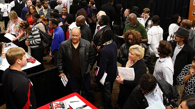 PHOTO:&nbsp;Hundreds of job applicants attend the DeSoto County Job Fair at Landers Center, Tuesday, Oct. 9, 2012, in Southaven, Miss.
