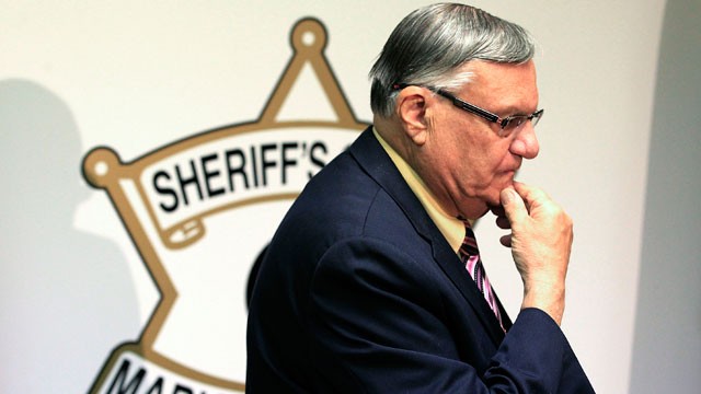 PHOTO: FILE - In this April 3, 2012 file photo, Maricopa County Sheriff Joe Arpaio pauses prior to holding a news conference in Phoenix.