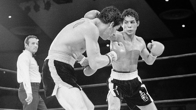 PHOTO: In this July 11, 1982 file photo, Luis Loy Jr., left, ducks under a blow by Hector Camacho early in a scheduled 10-round junior lightweight boxing bout at Felt Forum in New York.
