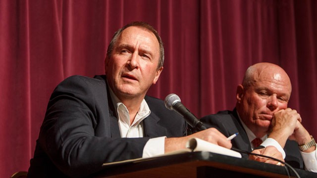PHOTO: Utah Attorney General Mark Shurtleff and Special Fiduciary Bruce Wisan answer questions during a community meeting regarding the United Effort Plan (UEP) trust Friday, Nov. 30, 2012 in Colorado City, Ariz.