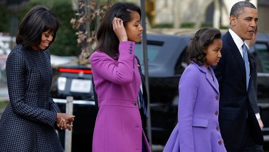 PHOTO: President Barack Obama, right, with daughters Sasha and Malia and first lady Michelle Obama arrive at St. John's Church for a church service during the 57th Presidential Inauguration in Washington, on Monday, Jan. 21, 2013.