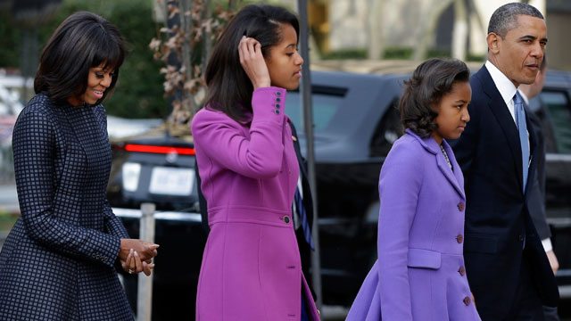 PHOTO: President Barack Obama, right, with daughters Sasha and Malia and first lady Michelle Obama arrive at St. John's Church for a church service during the 57th Presidential Inauguration in Washington, on Monday, Jan. 21, 2013.