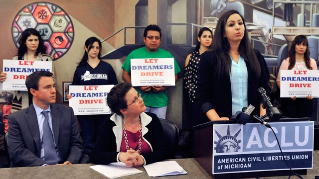 PHOTO: Plaintiff Leen Nour El-Zayat, at podium, a third-year pre-medical student at Wayne State University, speaks during a press conference at the ACLU of Michigan headquarters, Wednesday, Dec. 19, 2012 in Detroit.