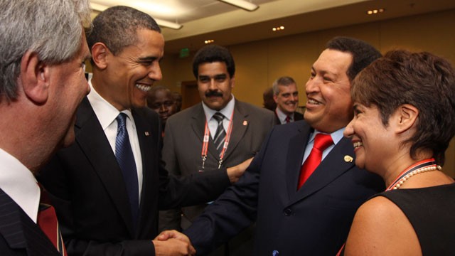 PHOTO: In this April 17, 2009 file photo, President Barack Obama, left, shakes hands with Venezuela's President Hugo Chavez before the opening session of the 5th Summit of the Americas in Port of Spain, Trinidad and Tobago.