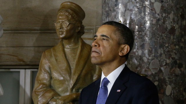 PHOTO:  President Barack Obama speaks at the unveiling of a statue of Rosa Parks at the U.S. Capitol in Washington.