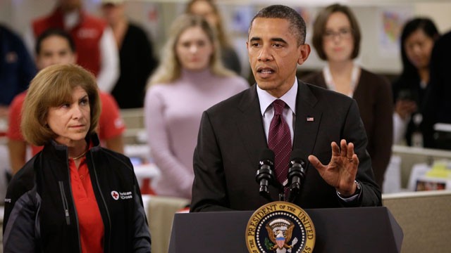 President Barack Obama, accompanied by American Red Cross President and CEO Gail J. McGovern, speaking during his visit to the Disaster Operation Center of the Red Cross National Headquarter.