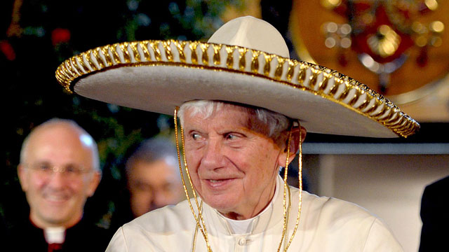PHOTO: Pope Benedict XVI wears a Mexican sombrero hat in Leon, Mexico