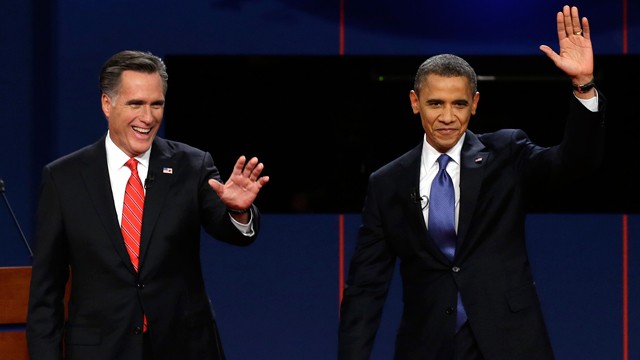 PHOTO: Republican presidential nominee Mitt Romney and President Barack Obama wave to the audience during the first presidential debate at the University of Denver, Wednesday, Oct. 3, 2012, in Denver.