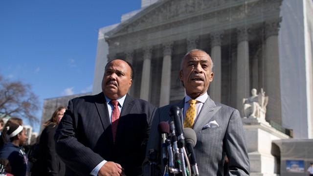 PHOTO: Rev. Al Sharpton, right, and Martin Luther King III meet with reporters outside the Supreme Court in Washington, Wednesday, Feb. 27, 2013, after arguments in the Shelby County, Ala., v. Holder voting rights case.