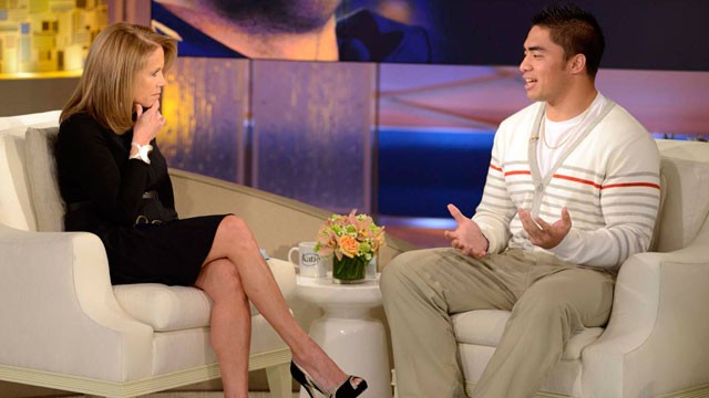 PHOTO: Notre Dame linebacker Manti Te'o, right, speaking with host Katie Couric during an interview for