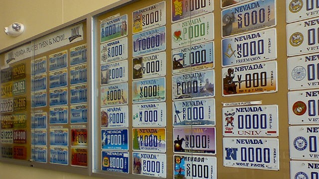 PHOTO: License plates adorn a wall at a Nevada Department of Motor Vehicles office in July 2009.