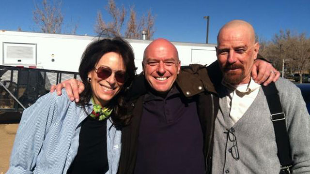 PHOTO: Actress Jane Kaczmarek poses with Breaking Bad actors Dean Norris and Bryan Cranston