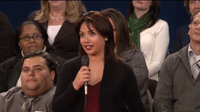 PHOTO: Lorraine Osorio, 24, asked Governor Romney how he would handle immigrants currently in the country without documents.