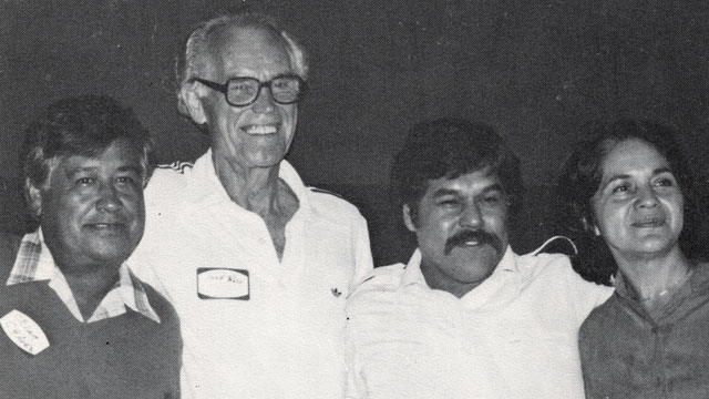 PHOTO: Fred Ross Sr. (second from left) with Cesar Chavez, Luis Valdez and Dolores Huerta.