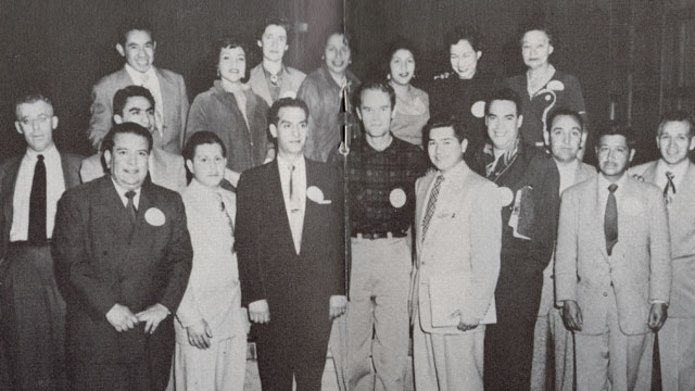 PHOTO: San Jose Community Service Organization 1954. Fred Ross is in center flanked by Ed Roybal and Herman Gallegos. Also pictured are Saul Alinksy (far left), Cesar Chavez (second from right) and Helen Chaves (third from right, top row).
