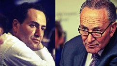 PHOTO: An image of then-Rep. Charles Schumer at a House committee meeting in 1985, alongside an image of Sen. Schumer in his Brooklyn district this March.
