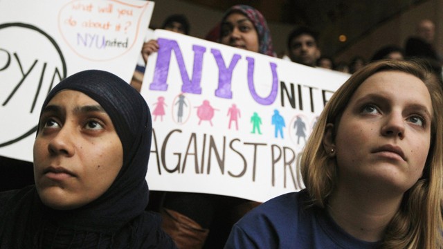 PHOTO:&nbsp;New York University (NYU) students attend a town hall to discuss the NYPD's surveillance of Muslim communities.