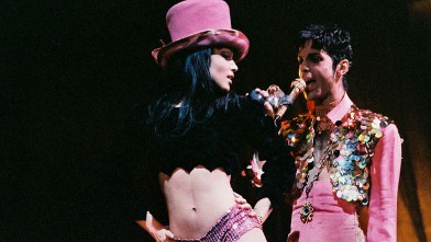 Mayte Garcia and Prince perform on stage on 'The Ultimate Live Experience' tour at Wembley Arena on March 4th, 1995 in London, United Kingdom.