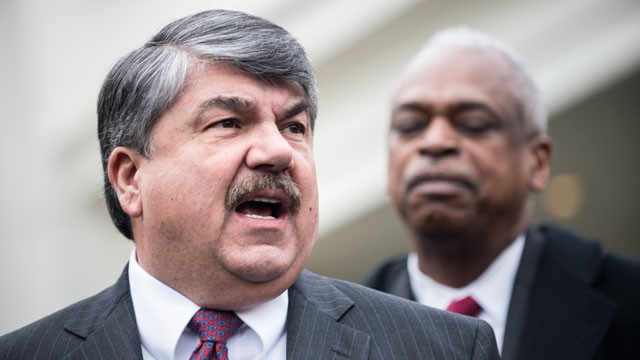 PHOTO: Richard Trumka, AFL-CIO President, speaks to the press after a meeting with other labor leaders about immigration in the West Wing of the White House February 5, 2013 in Washington, D.C.
