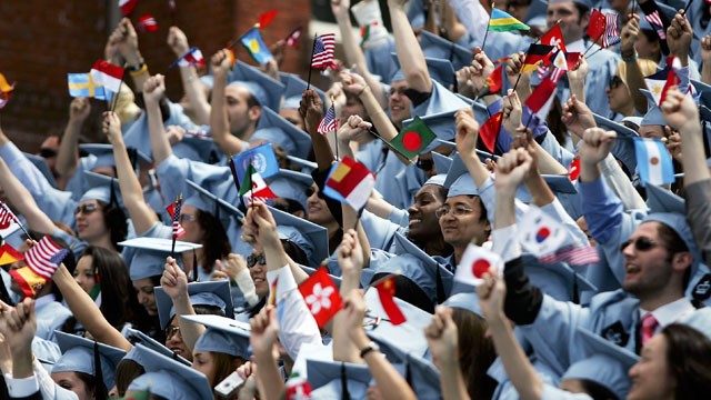 PHOTO: Students cheer during commencment ceremonies at Columbia University May 18, 2005 in New York City. This is the 251st class to graduate from Columbia.