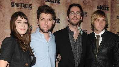 PHOTO: Lizzy Caplan and Adam Scott pose with fellow 'Party Down' actors Martin Starr and Ryan Hansen