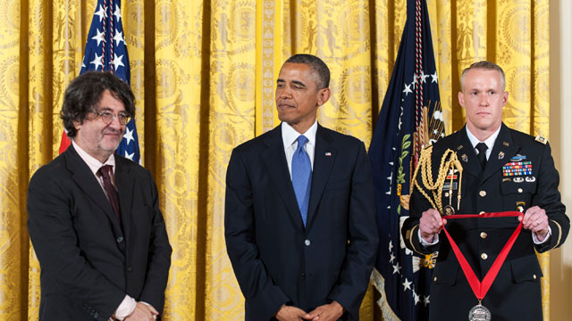 PHOTO: U.S. President Barack Obama (C) presents a 2012 National Humanities Medal to Camilo Jose Vergara during a ceremony in the East Room of the White House on July 10, 2013 in Washington, DC.