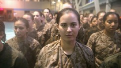 PHOTO: Female Marine recruits prepare for a swimming test during boot camp February 25, 2013 at MCRD Parris Island, South Carolina. Male and female recruits are expected to meet the same standards during their swim qualification test.